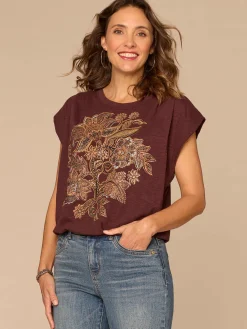 Origami Cap Sleeve Scoop Neck Cased Hem Screen Printed Knit Top