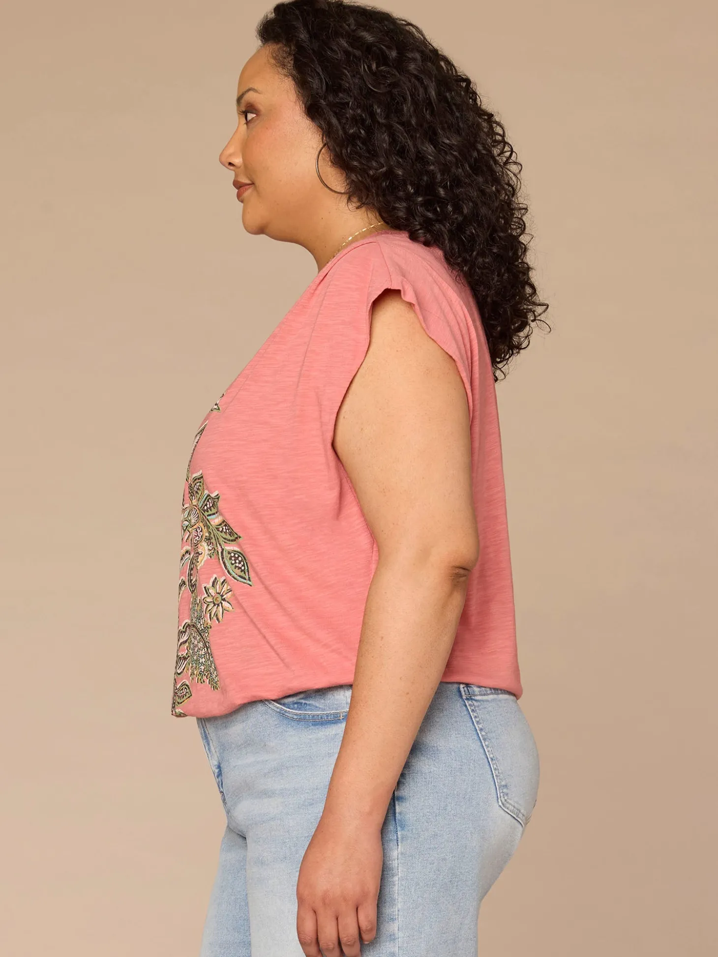 Origami Cap Sleeve Scoop Neck Cased Hem Printed Plus Size Knit Top