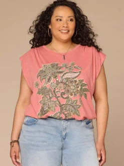 Origami Cap Sleeve Scoop Neck Cased Hem Printed Plus Size Knit Top