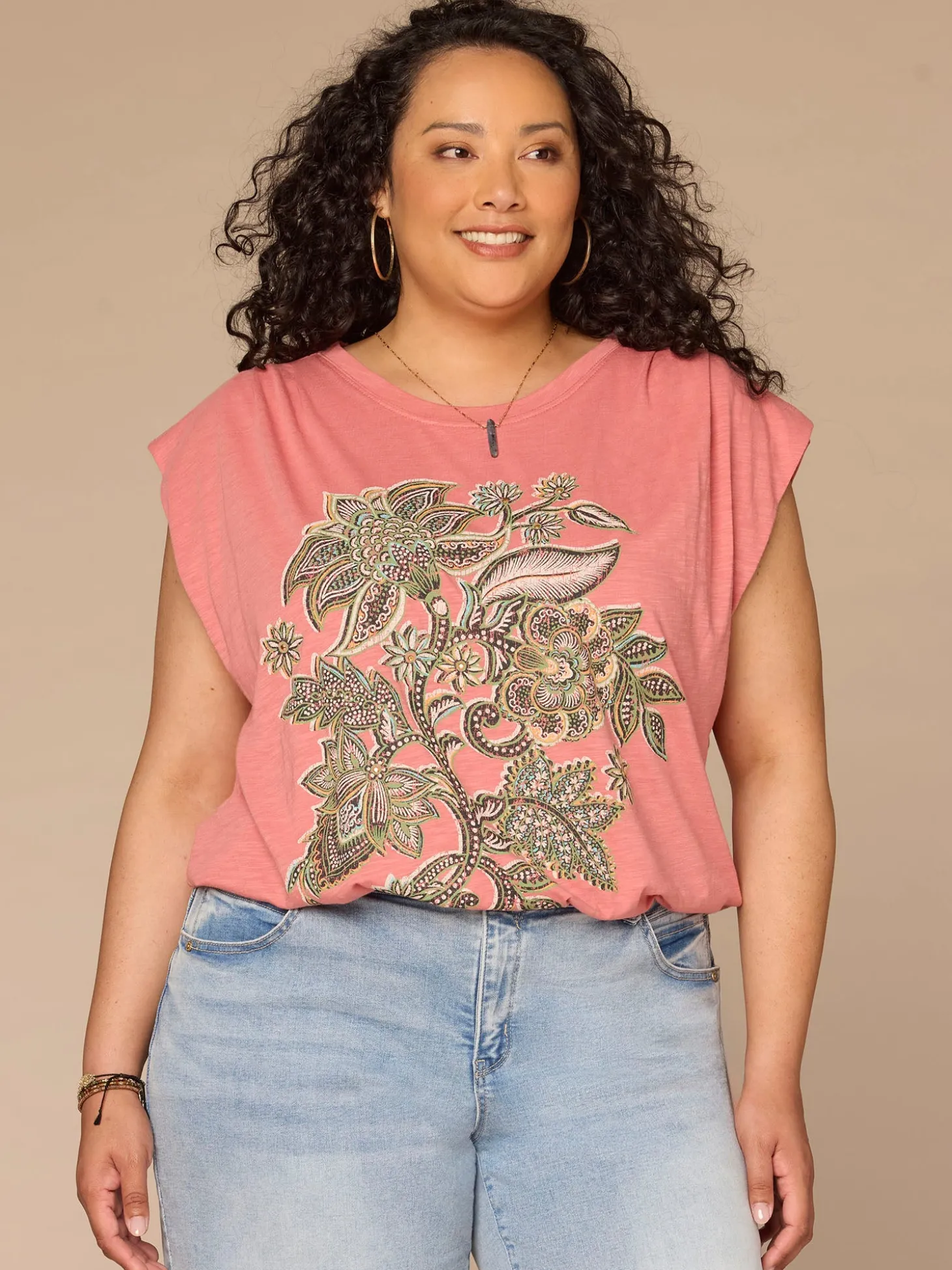 Origami Cap Sleeve Scoop Neck Cased Hem Printed Plus Size Knit Top