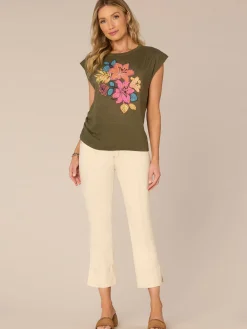 Origami Sleeve Scoop Neck Floral Screen Print Knit Top with Ruching
