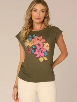 Origami Sleeve Scoop Neck Floral Screen Print Knit Top with Ruching