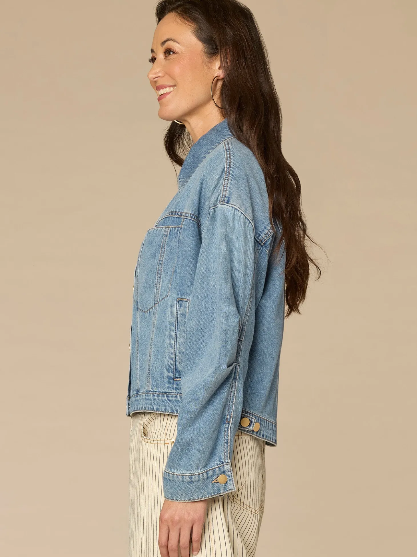 Oversized Barrel Sleeve Welt Pocket Hi-Low Hem Petite Denim Jacket