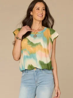 Pleated Cap Sleeve Scoop Neck Bubble Hem Placement Print Knit Top