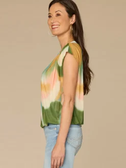 Pleated Cap Sleeve Scoop Neck Bubble Hem Placement Print Knit Top