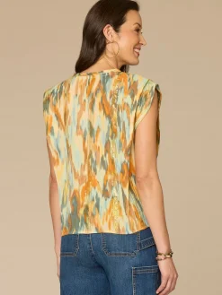 Pleated Shoulder Sleeve Scoop Neck Adjustable Knot Hem Woven Top