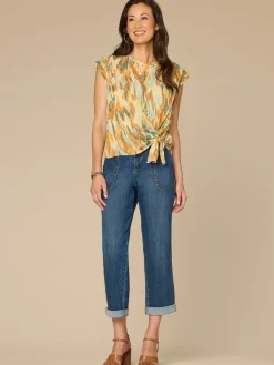 Pleated Shoulder Sleeve Scoop Neck Adjustable Knot Hem Woven Top