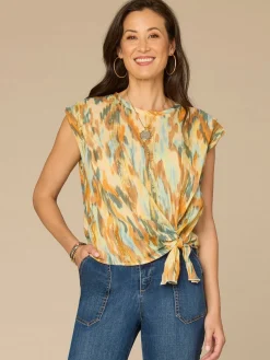 Pleated Shoulder Sleeve Scoop Neck Adjustable Knot Hem Woven Top