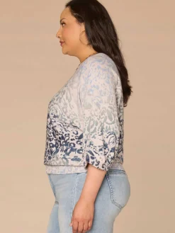 Pleated Sleeve Round Neck Banded Hem Printed Plus Size Sweater