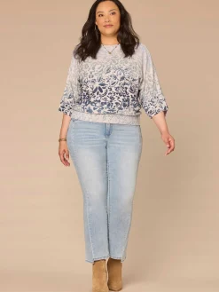 Pleated Sleeve Round Neck Banded Hem Printed Plus Size Sweater