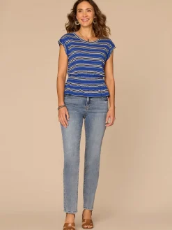 Roll Cuff Cap Sleeve Scoop Neck Peplum Striped Knit Top