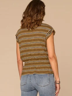 Roll Cuff Cap Sleeve Scoop Neck Peplum Striped Knit Top