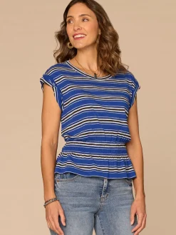 Roll Cuff Cap Sleeve Scoop Neck Peplum Striped Knit Top