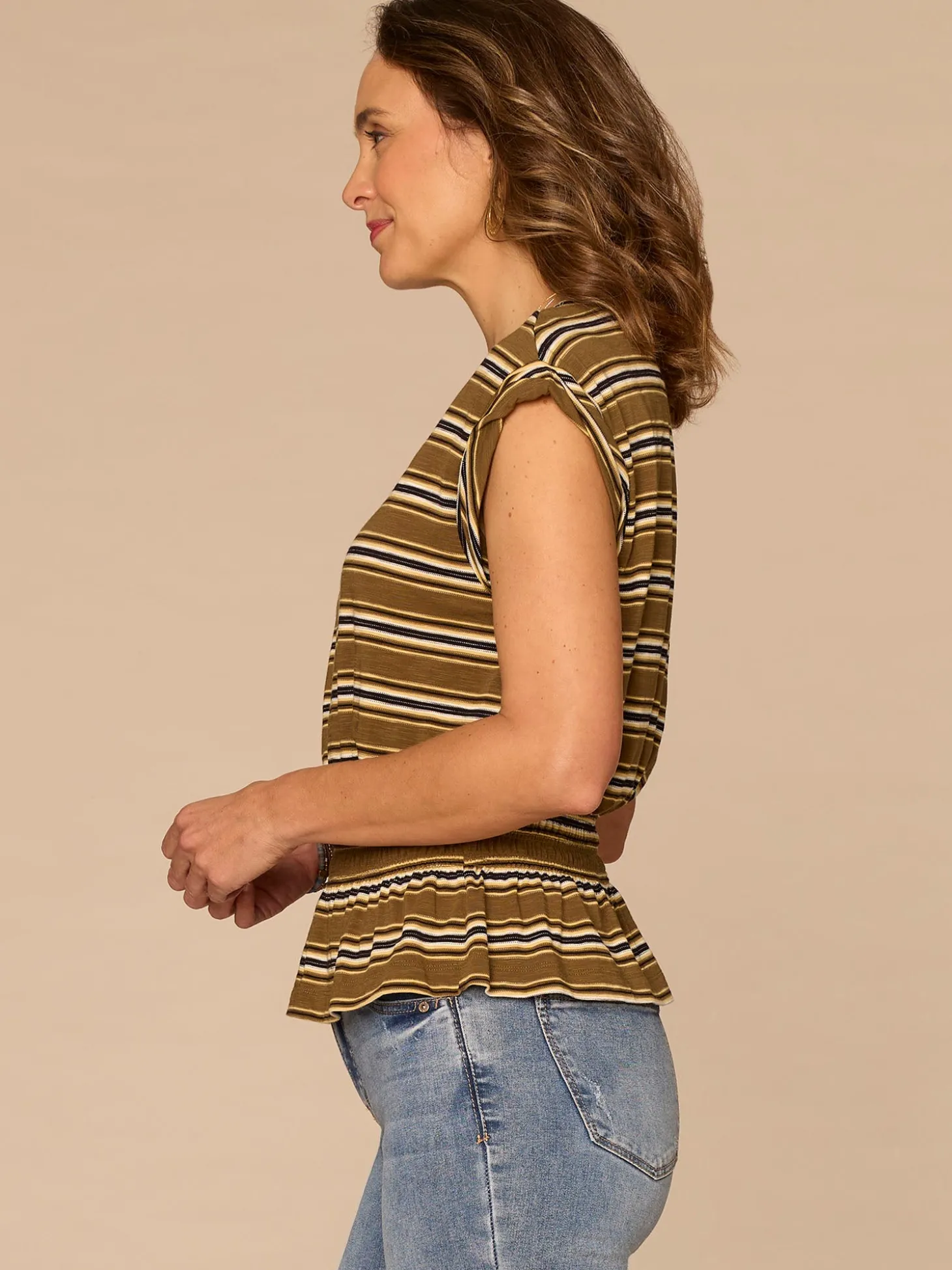 Roll Cuff Cap Sleeve Scoop Neck Peplum Striped Petite Knit Top
