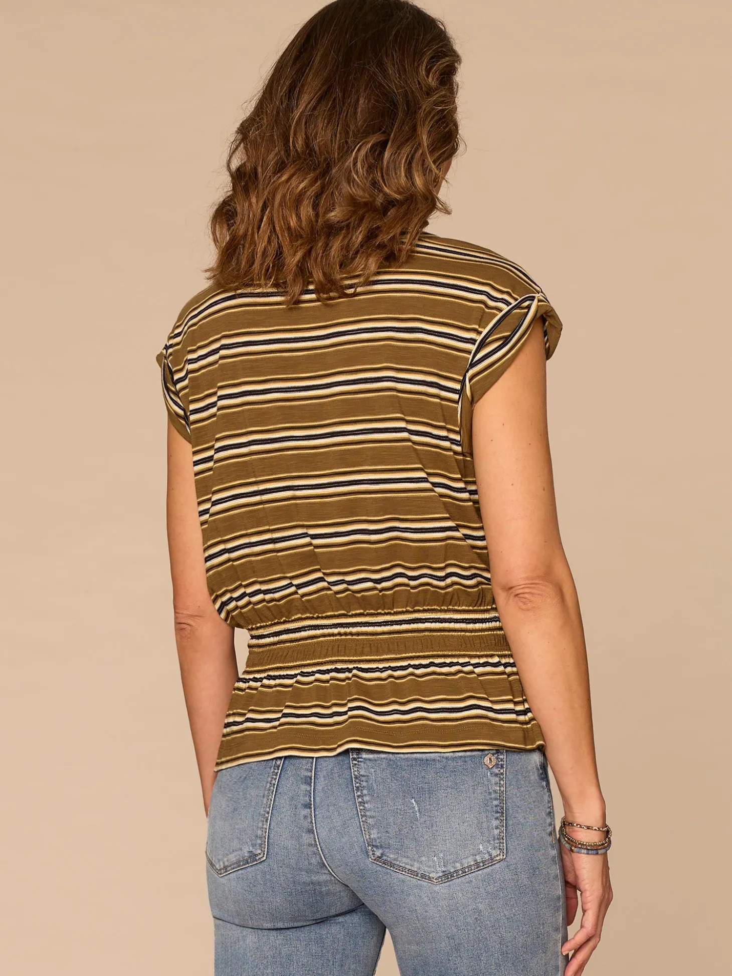 Roll Cuff Cap Sleeve Scoop Neck Peplum Striped Petite Knit Top