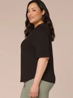 Roll Cuff Sleeve Round Split V-Neck Surplus Hem Plus Size Knit Top