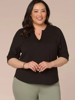 Roll Cuff Sleeve Round Split V-Neck Surplus Hem Plus Size Knit Top