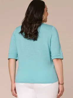 Roll Cuff Sleeve Round Split V-Neck Surplus Hem Plus Size Knit Top