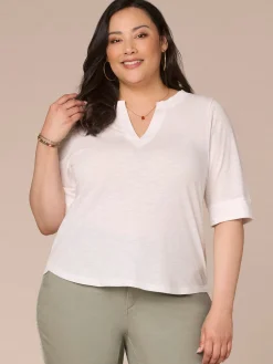 Roll Cuff Sleeve Round Split V-Neck Surplus Hem Plus Size Knit Top