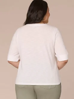 Roll Cuff Sleeve Round Split V-Neck Surplus Hem Plus Size Knit Top