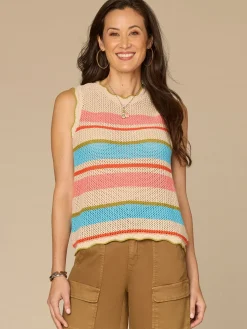 Round Neck Wavy Scallop Edge Multicolor Stripe Sweater Tank Top