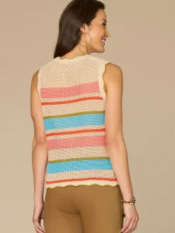 Round Neck Wavy Scallop Edge Multicolor Stripe Sweater Tank Top