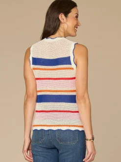 Round Neck Wavy Scallop Edge Multicolor Stripe Sweater Tank Top