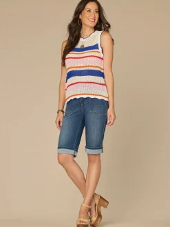 Round Neck Wavy Scallop Edge Multicolor Stripe Sweater Tank Top