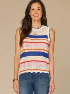 Round Neck Wavy Scallop Edge Multicolor Stripe Sweater Tank Top