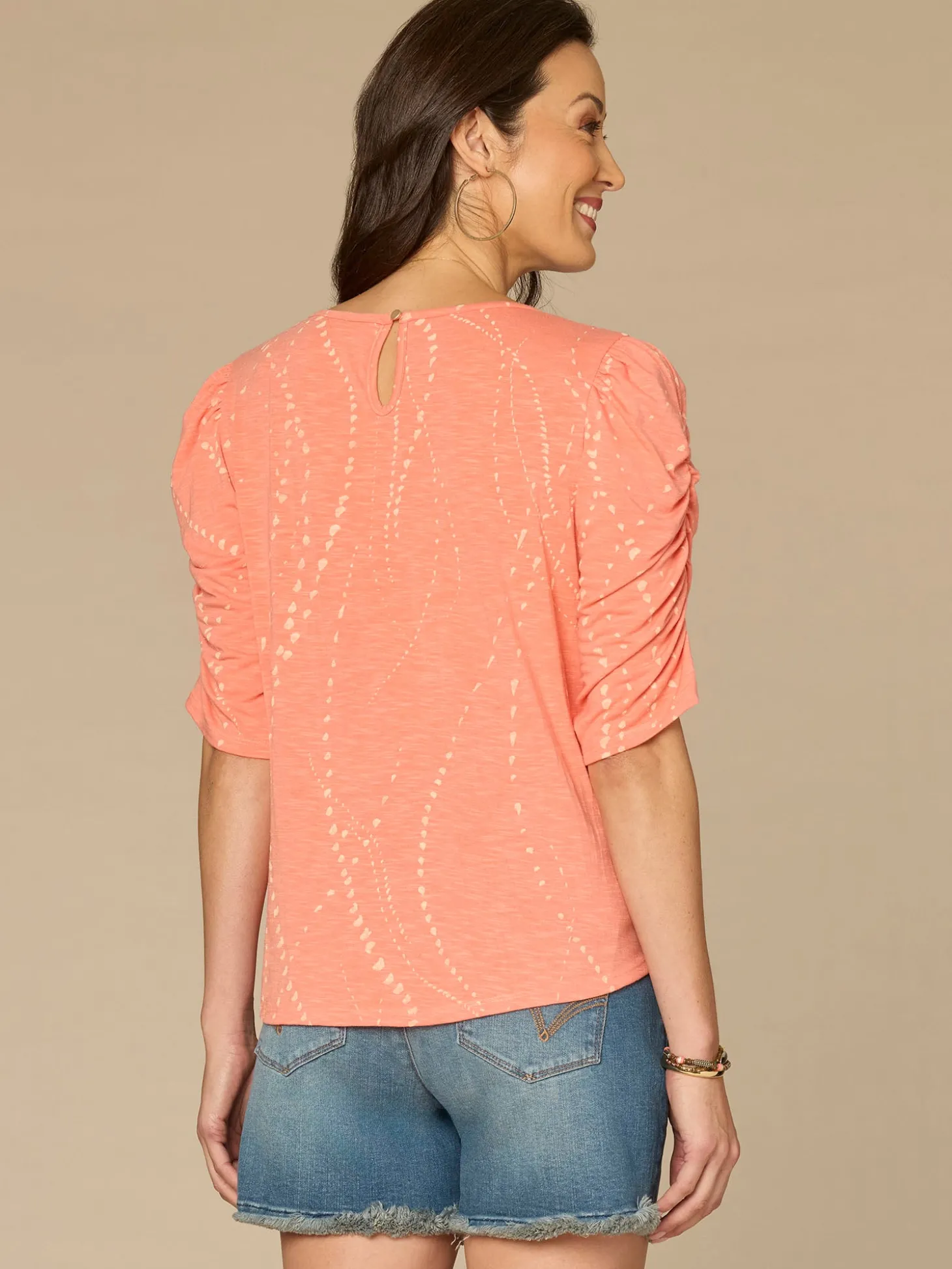 Ruched Elbow Sleeve Scoop Neck Dotted Print Keyhole Petite Knit Top
