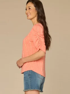 Ruched Elbow Sleeve Scoop Neck Dotted Print Keyhole Petite Knit Top