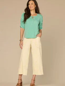 Ruched Elbow Sleeve Scoop Neck Dotted Print Keyhole Petite Knit Top