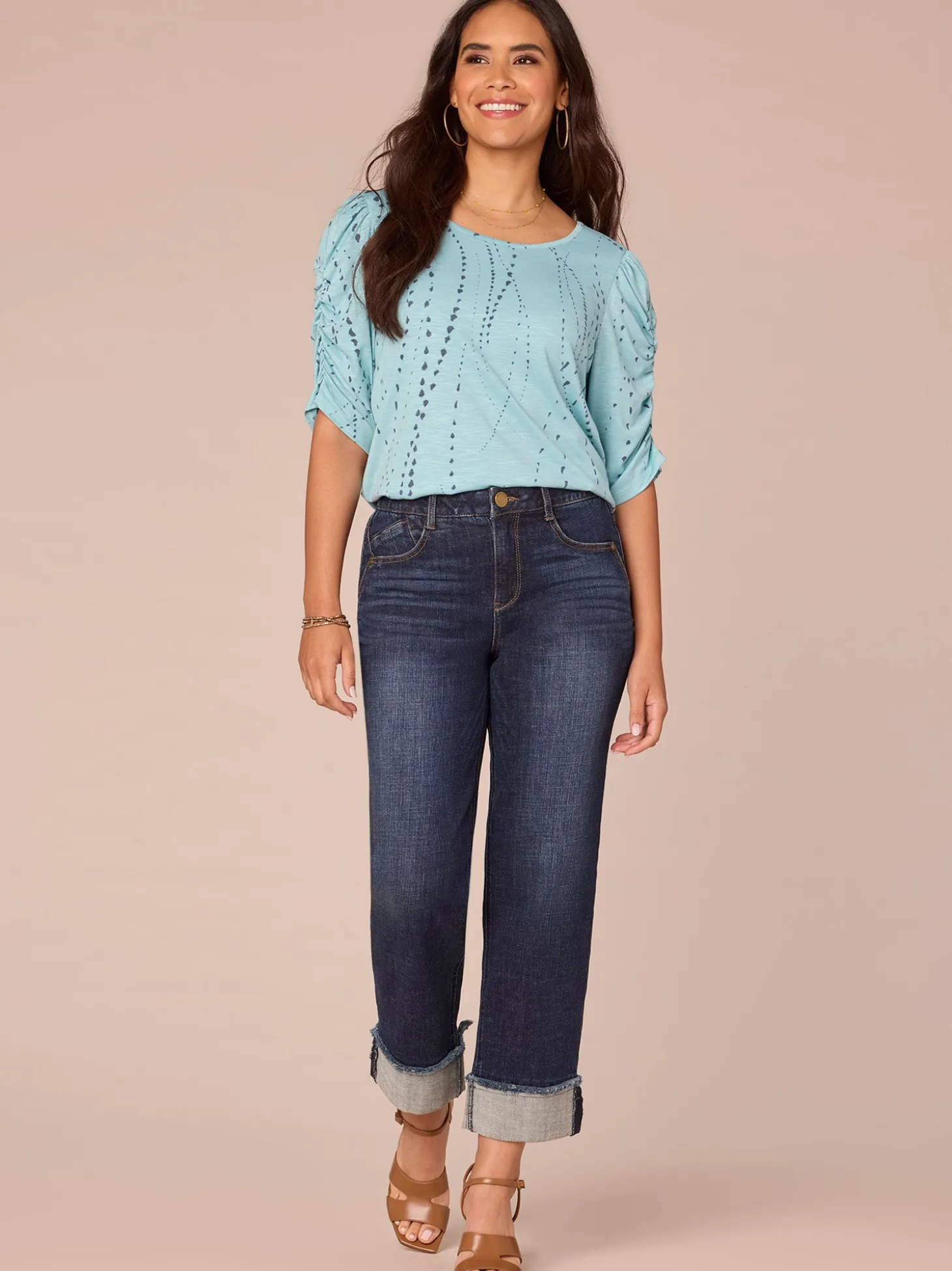 Ruched Elbow Sleeve Scoop Neck Dotted Print Keyhole Petite Knit Top