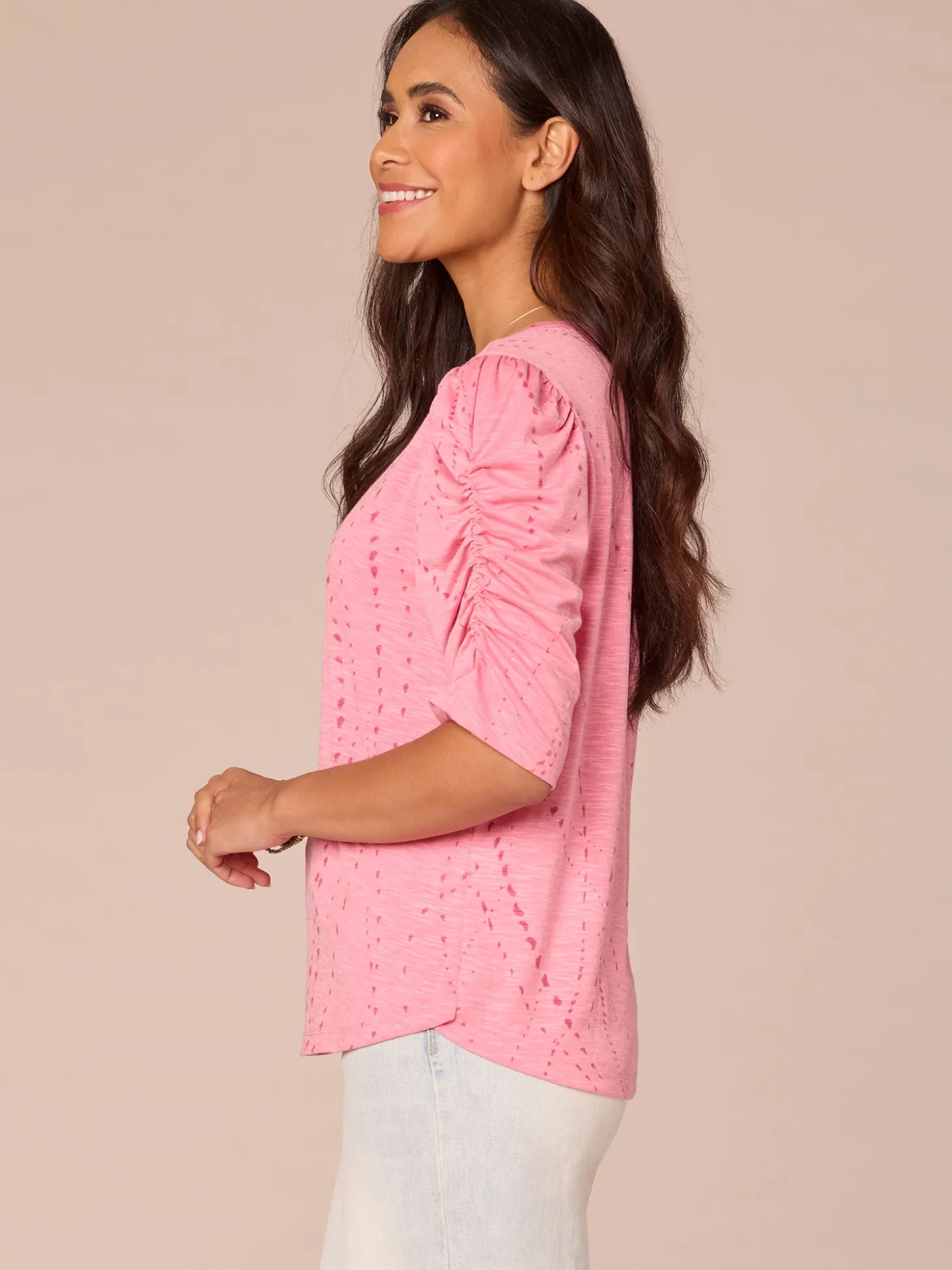Ruched Elbow Sleeve Scoop Neck Dotted Print Keyhole Petite Knit Top