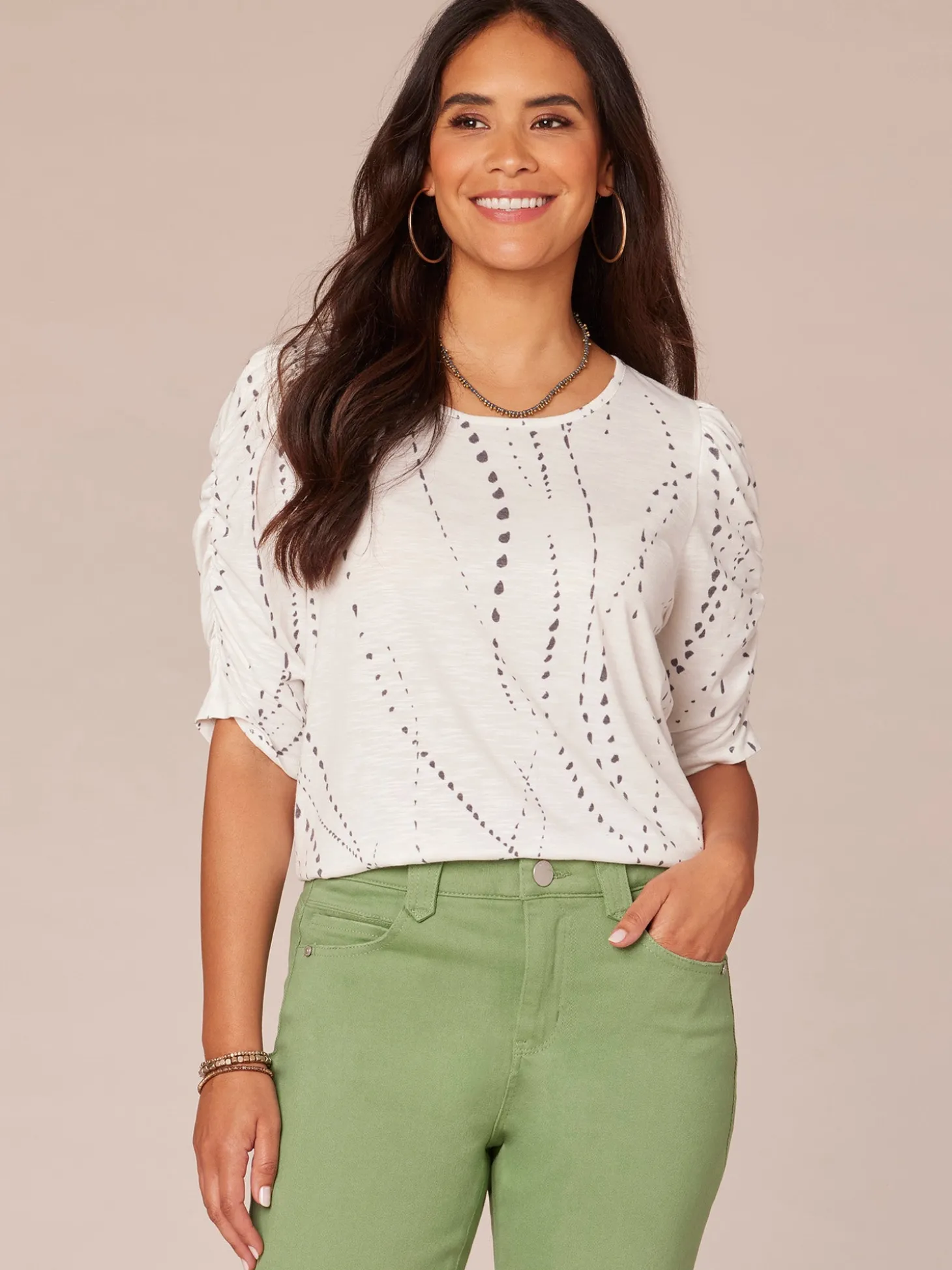 Ruched Elbow Sleeve Scoop Neck Dotted Print Keyhole Petite Knit Top