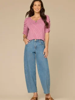 Ruched Elbow Sleeve Scoop Neck Dotted Print Keyhole Petite Knit Top