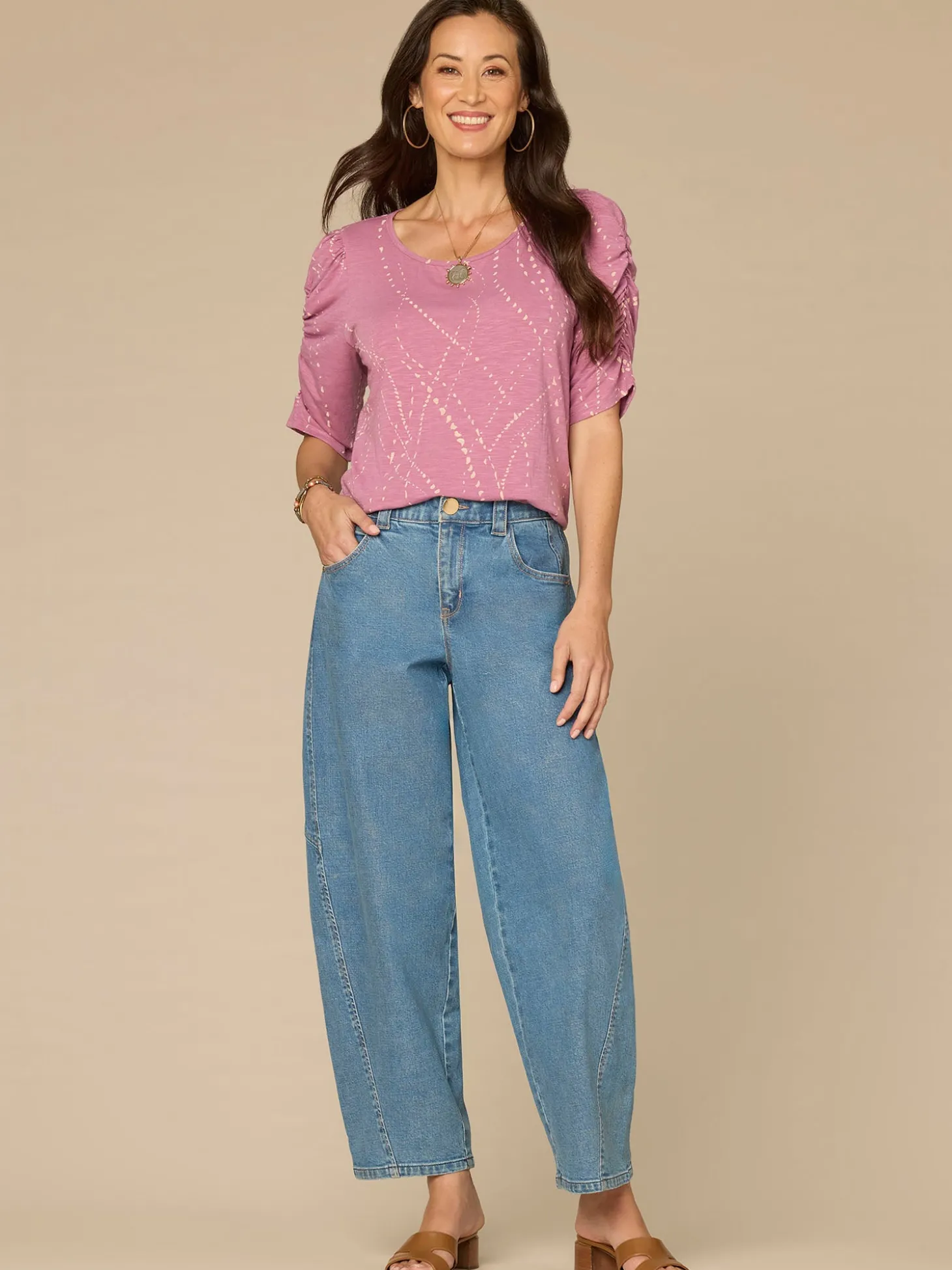 Ruched Elbow Sleeve Scoop Neck Dotted Print Keyhole Petite Knit Top