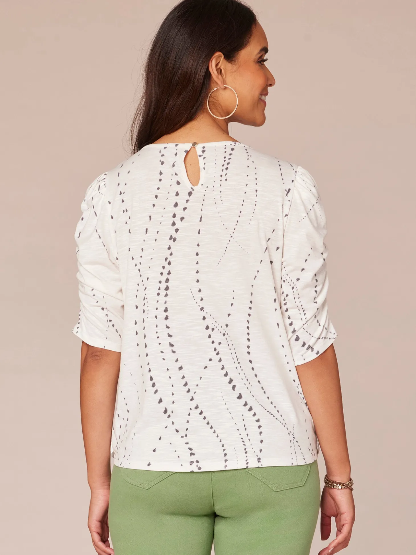Ruched Elbow Sleeve Scoop Neck Dotted Print Keyhole Petite Knit Top