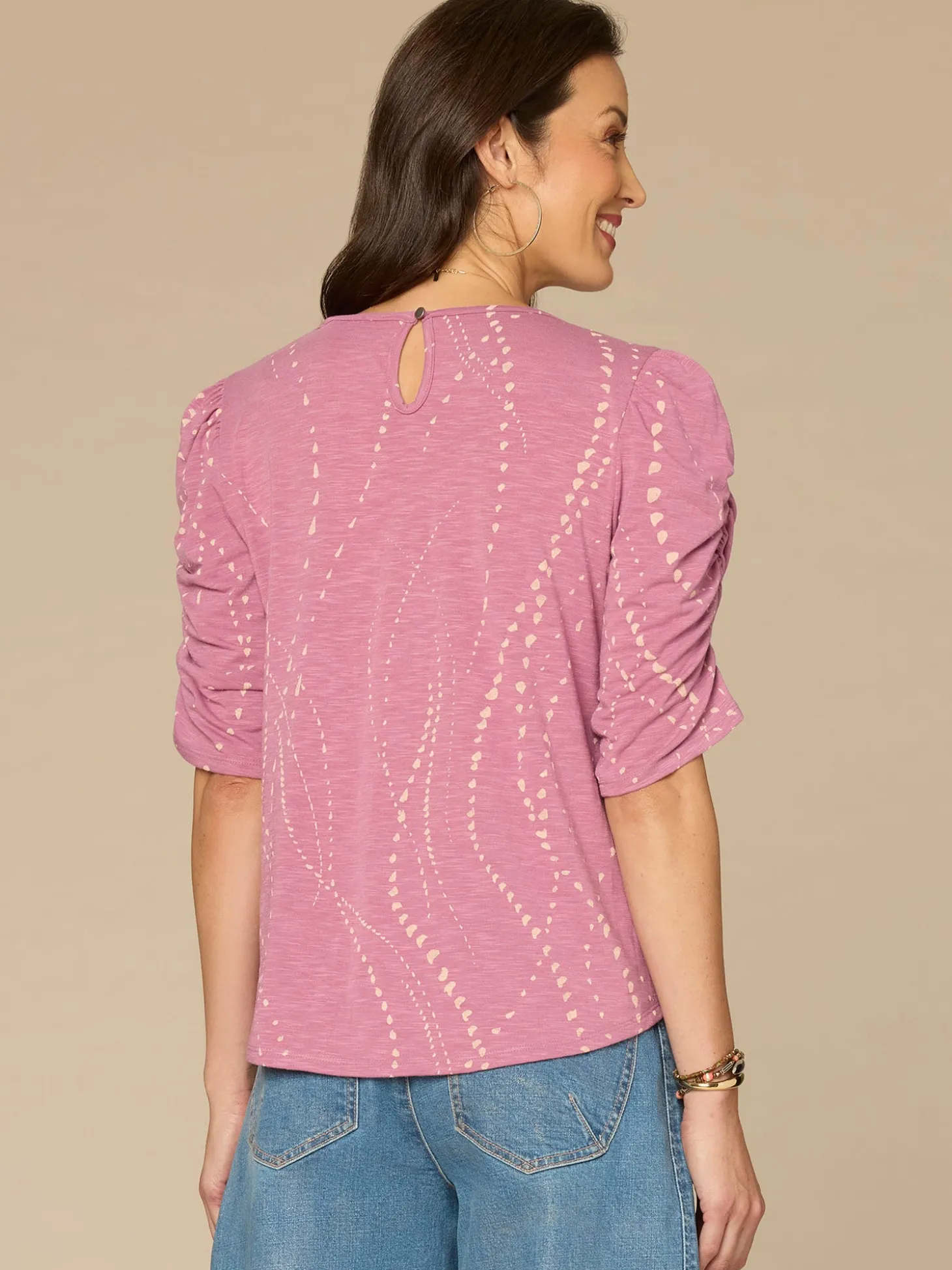Ruched Elbow Sleeve Scoop Neck Dotted Print Keyhole Petite Knit Top
