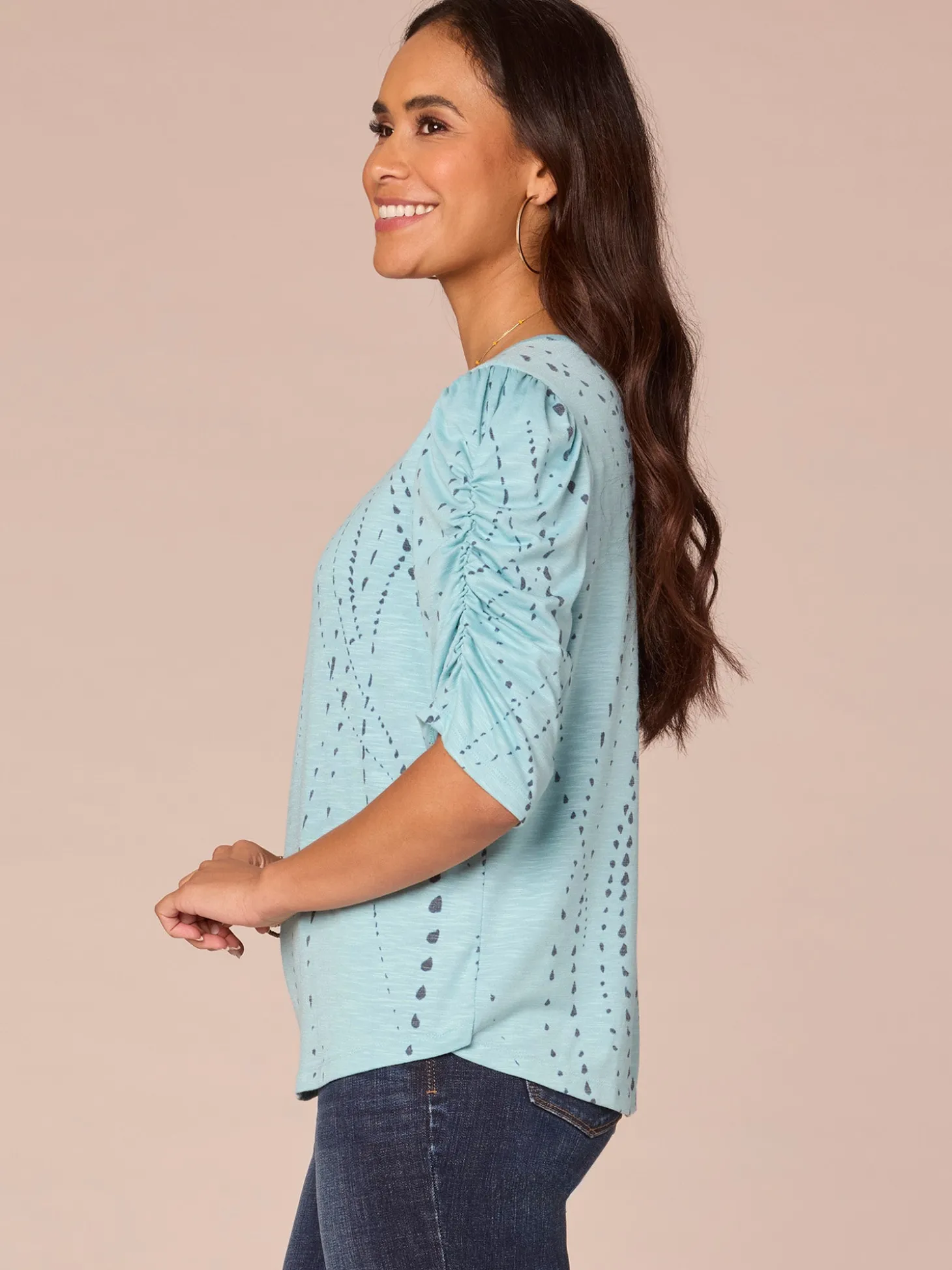Ruched Elbow Sleeve Scoop Neck Dotted Print Keyhole Petite Knit Top
