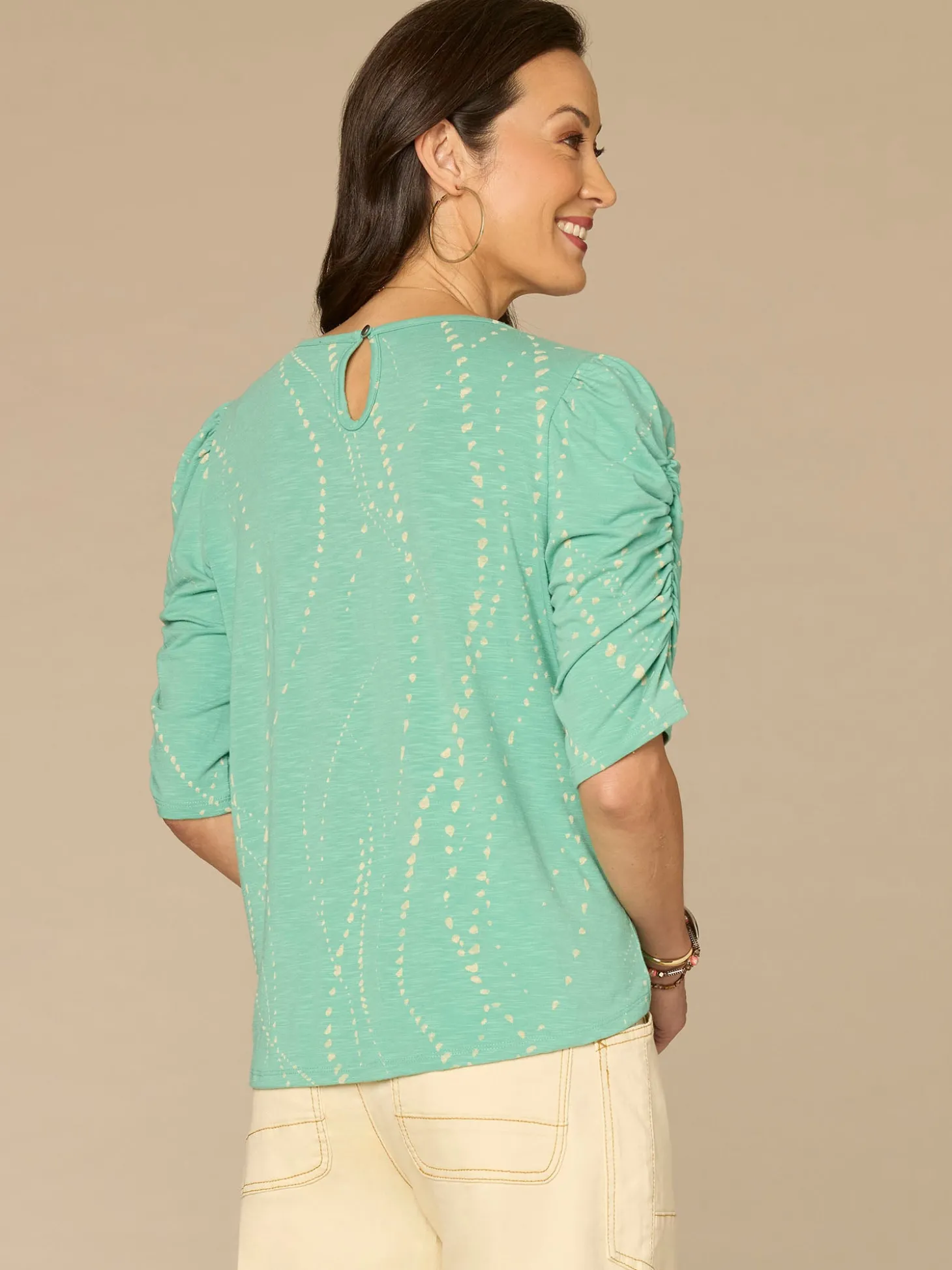 Ruched Elbow Sleeve Scoop Neck Dotted Print Keyhole Petite Knit Top