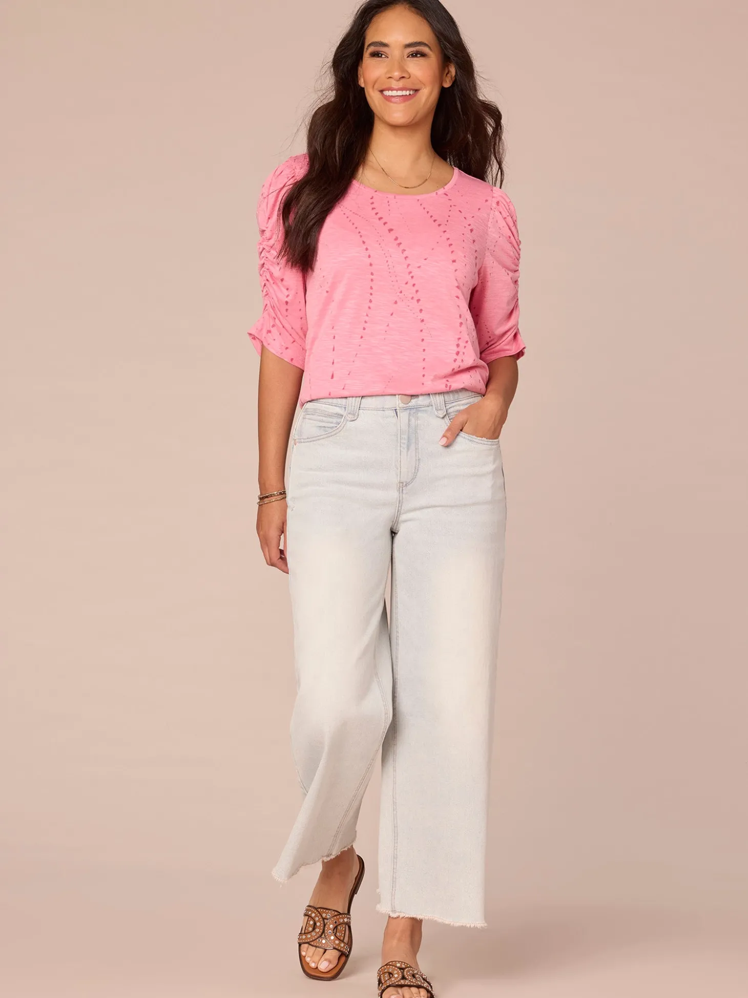 Ruched Elbow Sleeve Scoop Neck Dotted Print Keyhole Petite Knit Top