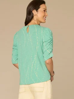 Ruched Elbow Sleeve Scoop Neck Dot Print Knit Top