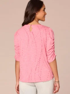 Ruched Elbow Sleeve Scoop Neck Dot Print Knit Top