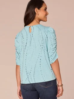 Ruched Elbow Sleeve Scoop Neck Dot Print Knit Top