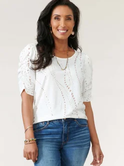 Ruched Elbow Sleeve Scoop Neck Dot Print Knit Top