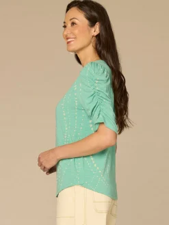 Ruched Elbow Sleeve Scoop Neck Dot Print Knit Top