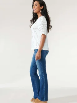 Ruched Elbow Sleeve Scoop Neck Dot Print Knit Top
