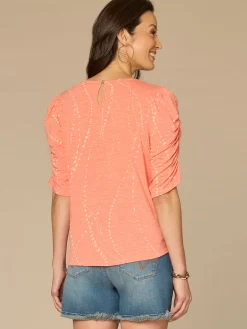 Ruched Elbow Sleeve Scoop Neck Dot Print Knit Top