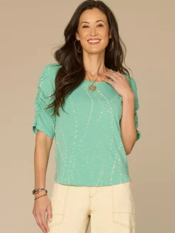 Ruched Elbow Sleeve Scoop Neck Dot Print Knit Top